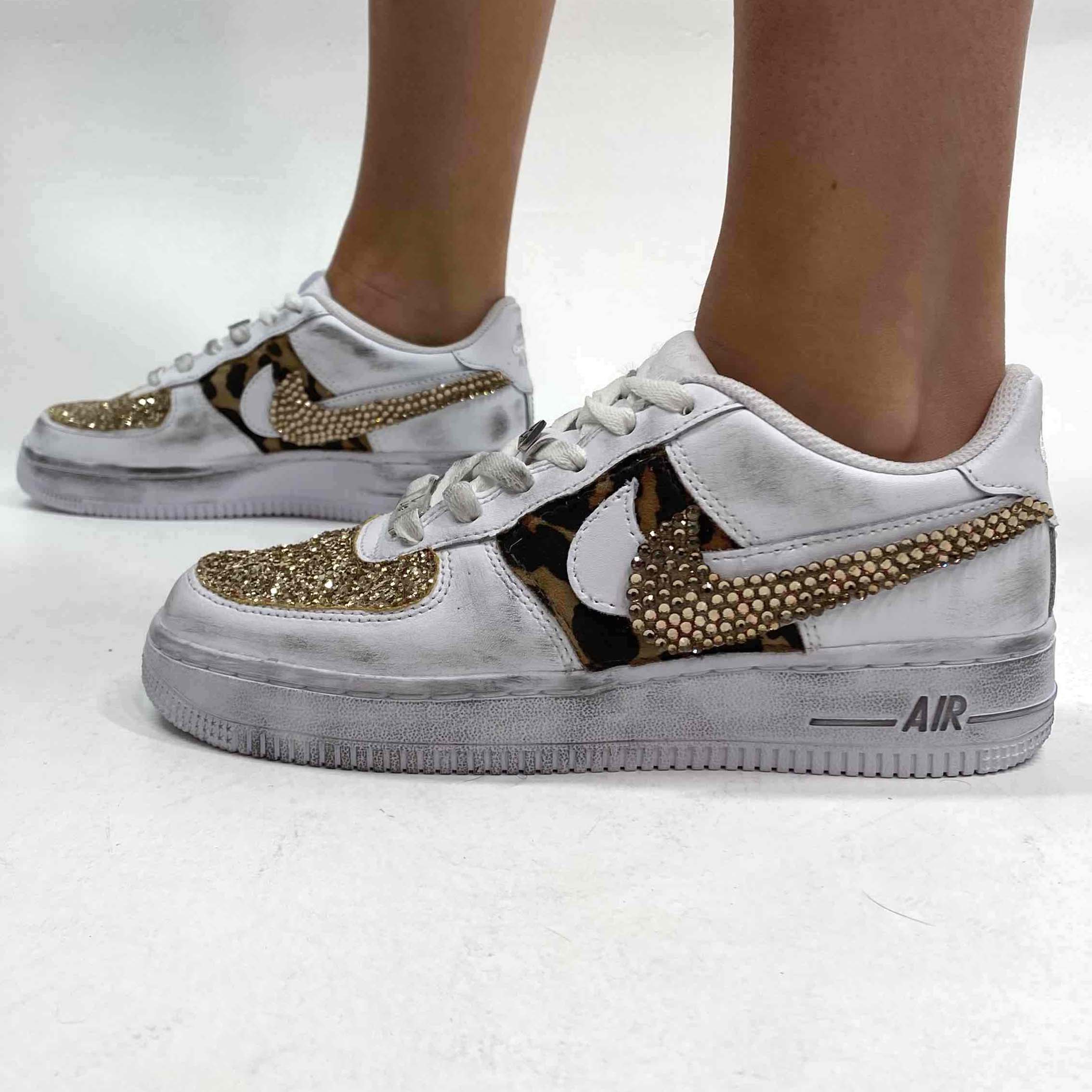Nike Air Force One Custom Strass Oro, Glitter Oro e Tessuto Maculato