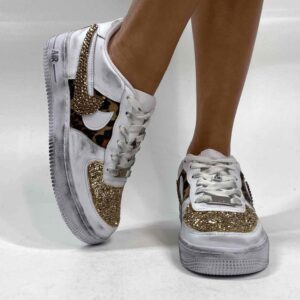Nike Air Force One Custom Strass Oro, Glitter Oro e Tessuto Maculato