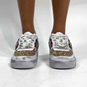 Nike Air Force One Custom Strass Oro, Glitter Oro e Tessuto Maculato