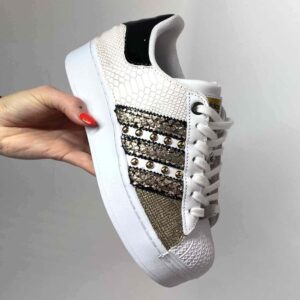 Adidas Superstar Bold Personalizzate Squamato e Lurex Oro, Bande Squamato e Borchie Oro