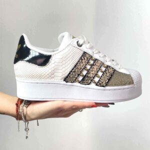 Adidas Superstar Bold Personalizzate Squamato e Lurex Oro, Bande Squamato e Borchie Oro