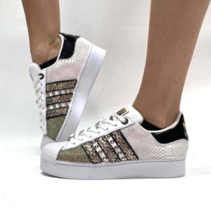 Adidas Superstar Bold Personalizzate Squamato e Lurex Oro, Bande Squamato e Borchie Oro