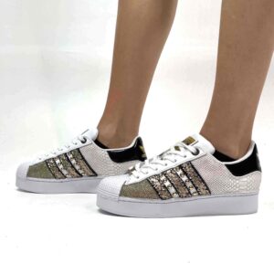 Adidas Superstar Bold Personalizzate Squamato e Lurex Oro, Bande Squamato e Borchie Oro