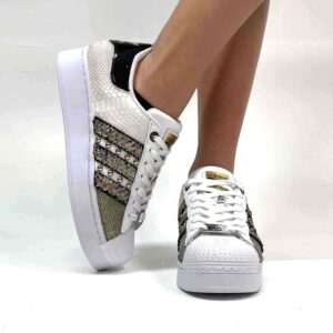 Adidas Superstar Bold Personalizzate Squamato e Lurex Oro, Bande Squamato e Borchie Oro