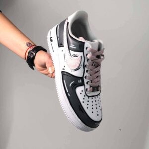 Nike Air Force 1 Custom Cartoon Dipinte A Mano Grigio Swoosh e Lacci Rosa