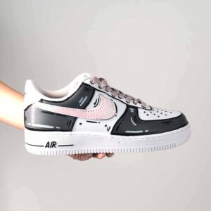 Nike Air Force 1 Custom Cartoon Dipinte A Mano Grigio Swoosh e Lacci Rosa