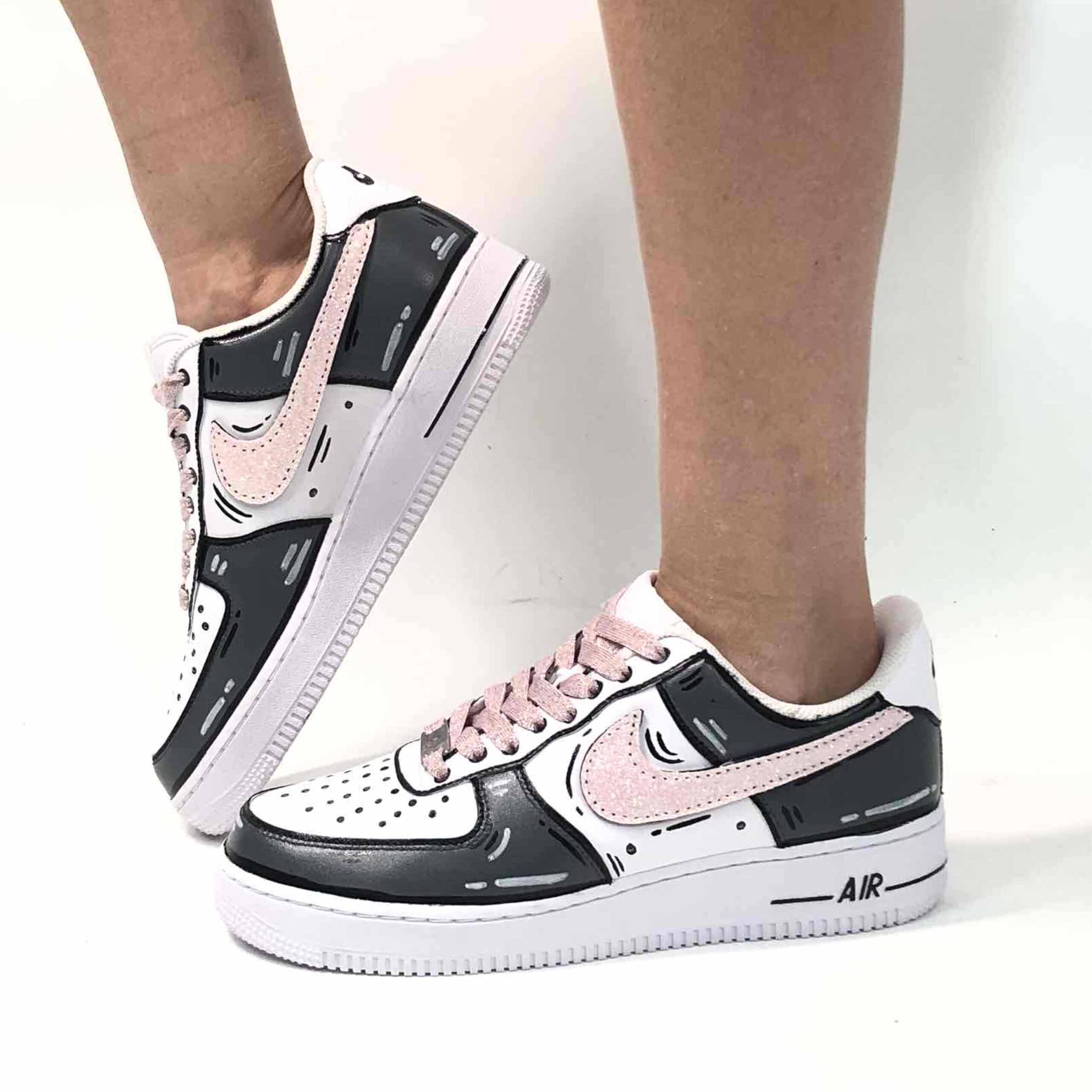 Nike Air Force 1 Custom Cartoon Dipinte A Mano Grigio Swoosh e Lacci Rosa