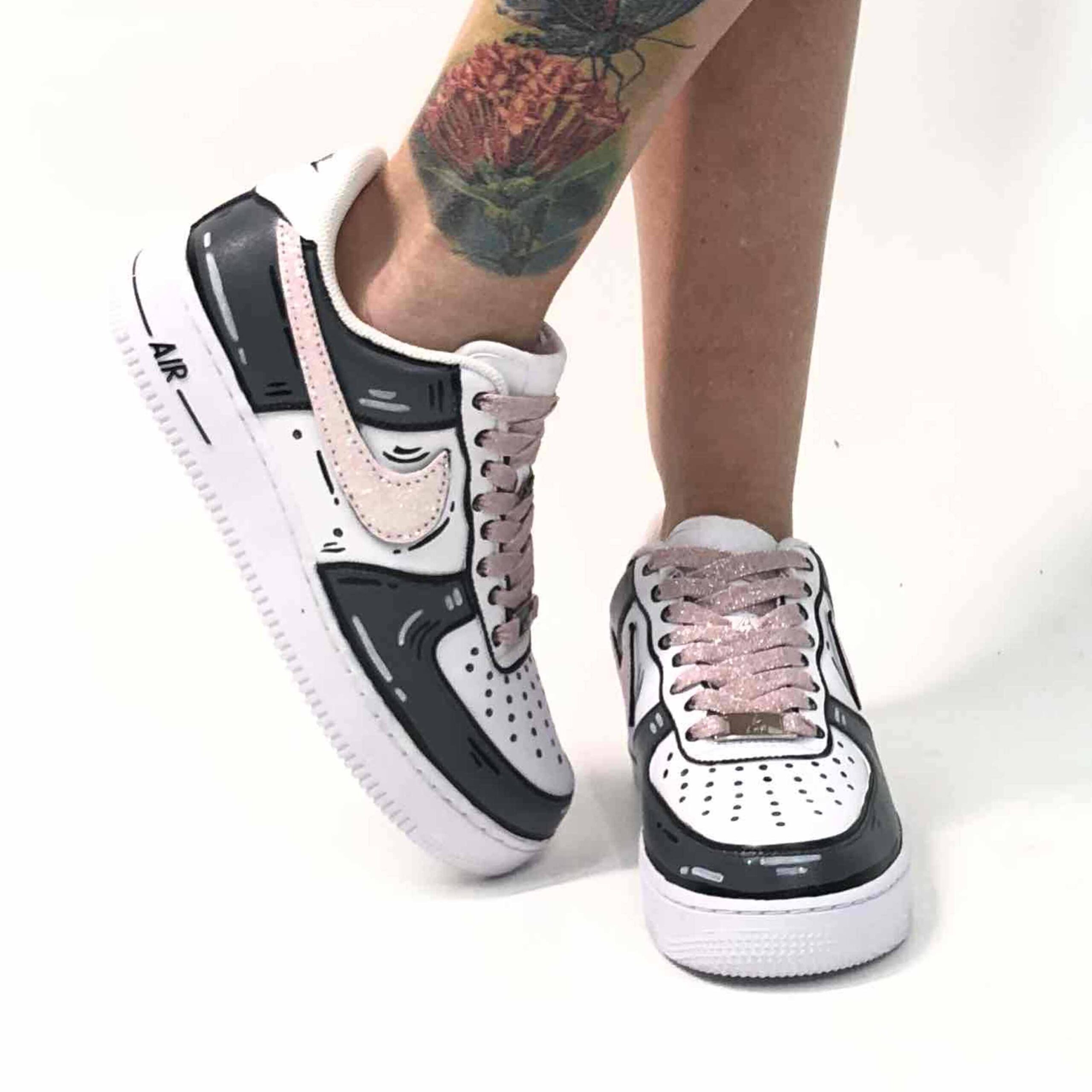 Nike Air Force 1 Custom Cartoon Dipinte A Mano Grigio Swoosh e Lacci Rosa