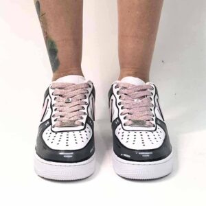 Nike Air Force 1 Custom Cartoon Dipinte A Mano Grigio Swoosh e Lacci Rosa