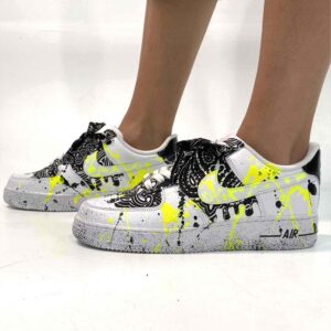 Nike Air Force One Custom Bandana Nera e Sporcatura Nera e Giallo Fluo