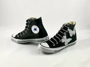 Converse All Star Personalizzate Nero Luxury & Farfalle Glitter Argento