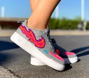 Nike Air Force One Custom Grigio Glitter Rosa Fuoco & Fiamme