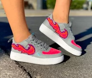 Nike Air Force One Custom Grigio Glitter Rosa Fuoco & Fiamme