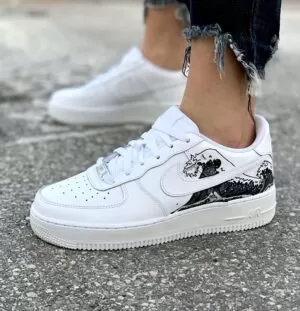 Nike Air Force One Custom Dipinte A Mano Onda Japan Bianco & Nera