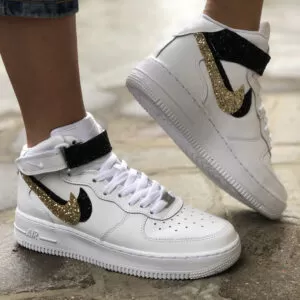 Nike Air Force One Custom MID Doppio Swoosh Glitter Nero & Oro