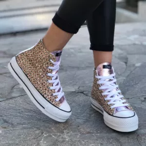 Converse All Star Personalizzate Platform Raffia & Glitter Rosa