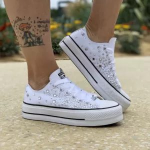Converse All Star Personalizzate Platform Low Total Strass & Laccetti in Raso