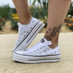 Converse All Star Personalizzate Platform Low Total Strass & Laccetti in Raso