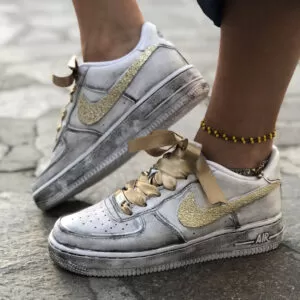 Nike Air Force One Custom Délavé Swoosh Glitter Oro