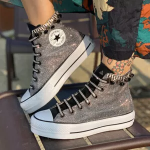 Converse All Star Personalizzate Platform Lurex Argento & Strass