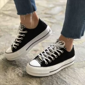Converse All Star Personalizzate Low Platform Velluto Nero e Linguetta Scozzese