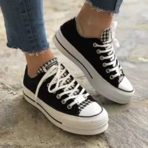 Converse All Star Personalizzate Low Platform Velluto Nero e Linguetta Scozzese
