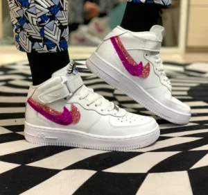 Nike Air Force One Custom MID Doppio Swoosh Glitter Rosa, Fucsia con Dettagli Dipinti a mano