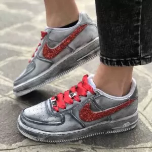 Nike Air Force One Custom Délavé Swoosh Glitter Rosso