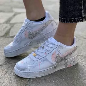 Nike Air Force One Custom Doppio Swoosh Glitter e Sporcatura Rosa e Argento