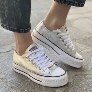Converse All Star Personalizzate Platform LOW Total Argento e Lacci Bianchi
