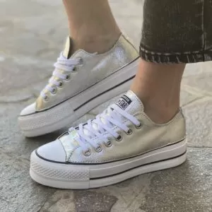 Converse All Star Personalizzate Platform LOW Total Argento e Lacci Bianchi
