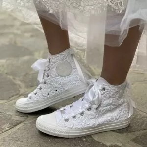 Converse All Star Personalizzate Sposa Macramè, Laccetti e Fiocco Raso Bianco