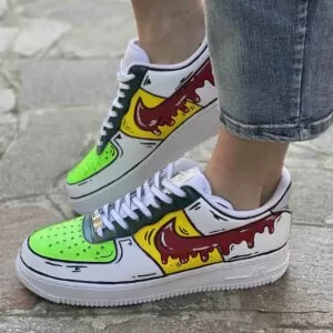 Nike Air Force One Custom Cartoon Dipinte A Mano Verde e Giallo, Swoosh Gocce Cadenti Rosso