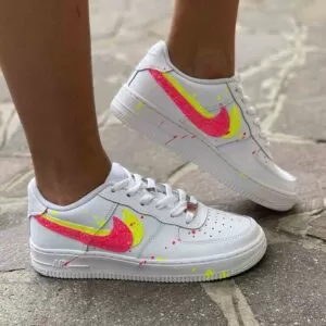 Nike Air Force One Custom Doppio Swoosh Glitter e Sporcatura Giallo Fluo e Fucsia