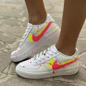 Nike Air Force One Custom Doppio Swoosh Glitter e Sporcatura Giallo Fluo e Fucsia