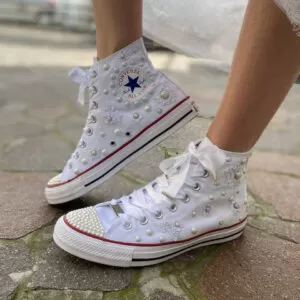 Converse All Star Personalizzate Sposa Fiori, Borchie Perle, Lacci Raso e Strass e Puntale ricoperto
