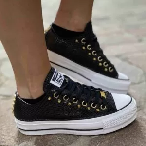Converse All Star Personalizzate Platform LOW Squamato Nero e Borchie Oro
