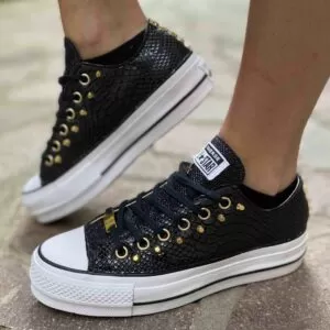 Converse All Star Personalizzate Platform LOW Squamato Nero e Borchie Oro