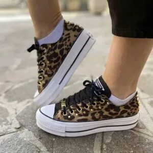 Converse All Star Personalizzate Platform Low Tessuto Leo Linguetta e Tampone Lurex Nero e Borchie Oro