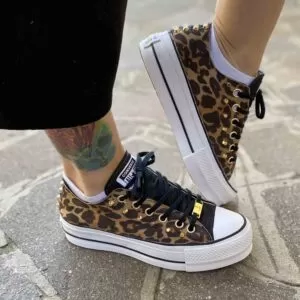 Converse All Star Personalizzate Platform Low Tessuto Leo Linguetta e Tampone Lurex Nero e Borchie Oro