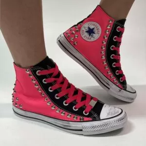 Converse All Star Personalizzate Fucsia, Borchie con Lacci Fucsia