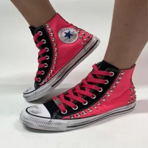 Converse All Star Personalizzate Fucsia, Borchie con Lacci Fucsia