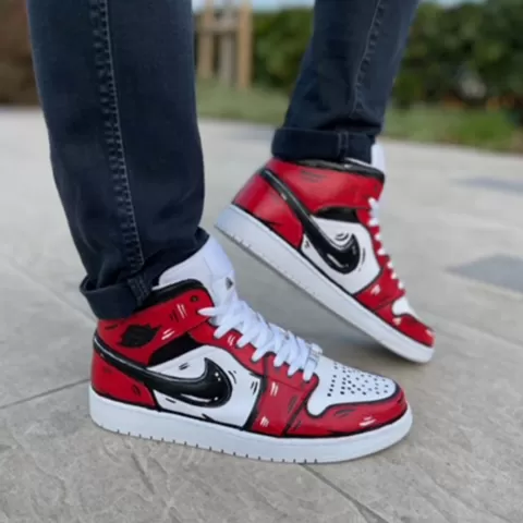 Nike Jordan 1 Custom Cartoon Dipinta A Mano Rosso e Nero Swoosh Nero