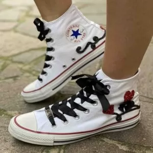 Converse All Star Personalizzate Cuori Glitter Rosso e Lacci Raso Nero