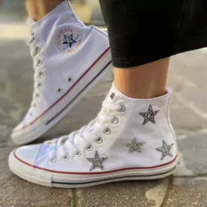 Converse All Star Personalizzate Stelle Glitter Multicolor e Argento, Borchia a Stella