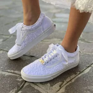 Vans Custom Sposa Total White Sposa Pizzo e Lacci di Raso