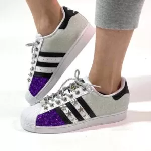 Adidas Superstar Personalizzate Glitter Oro e Lurex Bianco, Stelle Argento