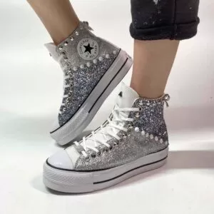 Converse All Star Personalizzate Platform Glitter Argento e Bianco “Diagon Alley White”