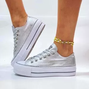 Converse All Star Personalizzate Platform LOW Argento e Lacci Argento