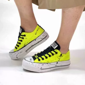 Converse All Star Personalizzate Platform Low Glitter Giallo Fluo e Sporcatura Nera